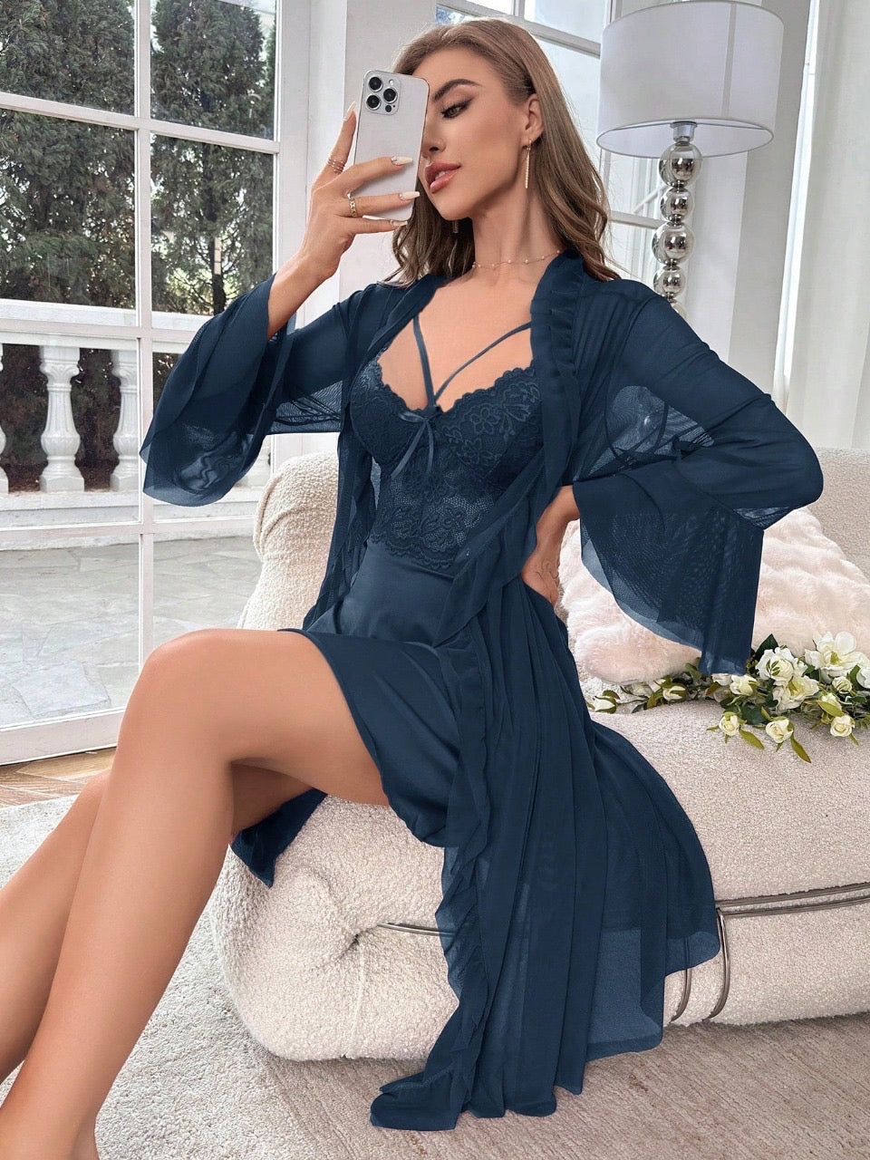 Plus Contrast Lace Belted Satin Robe & Cami Nightdress
